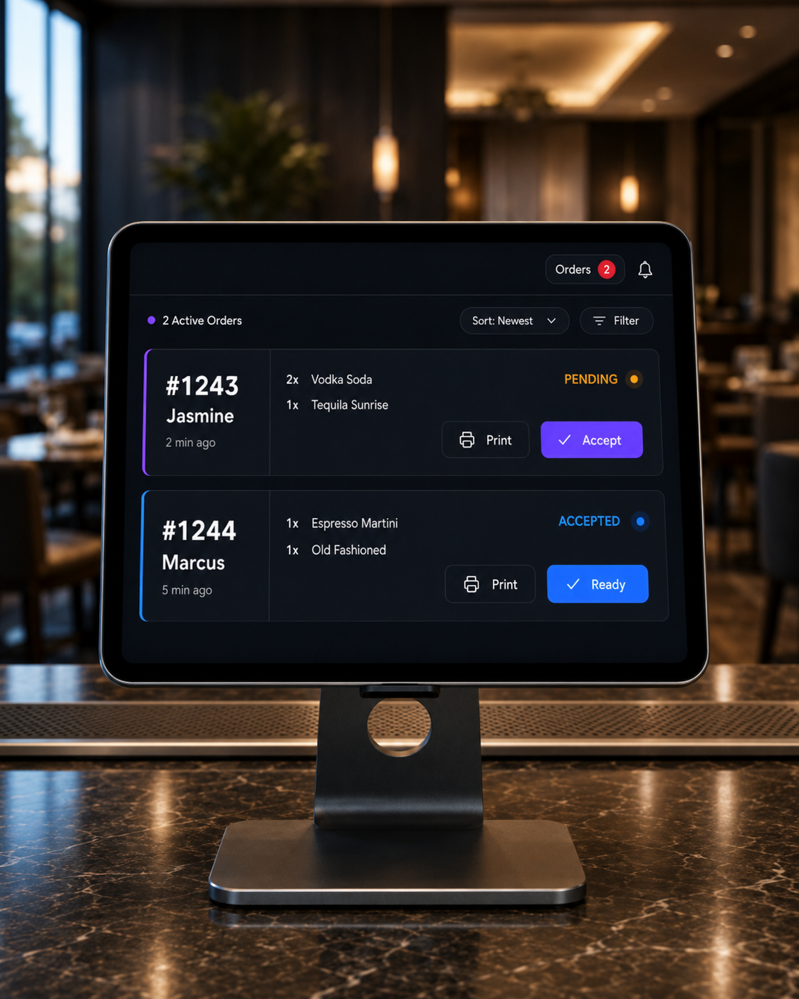 BCKSTGE Mobile Drink Ordering dashboard on a countertop display showing live drink orders with Accept and Ready actions